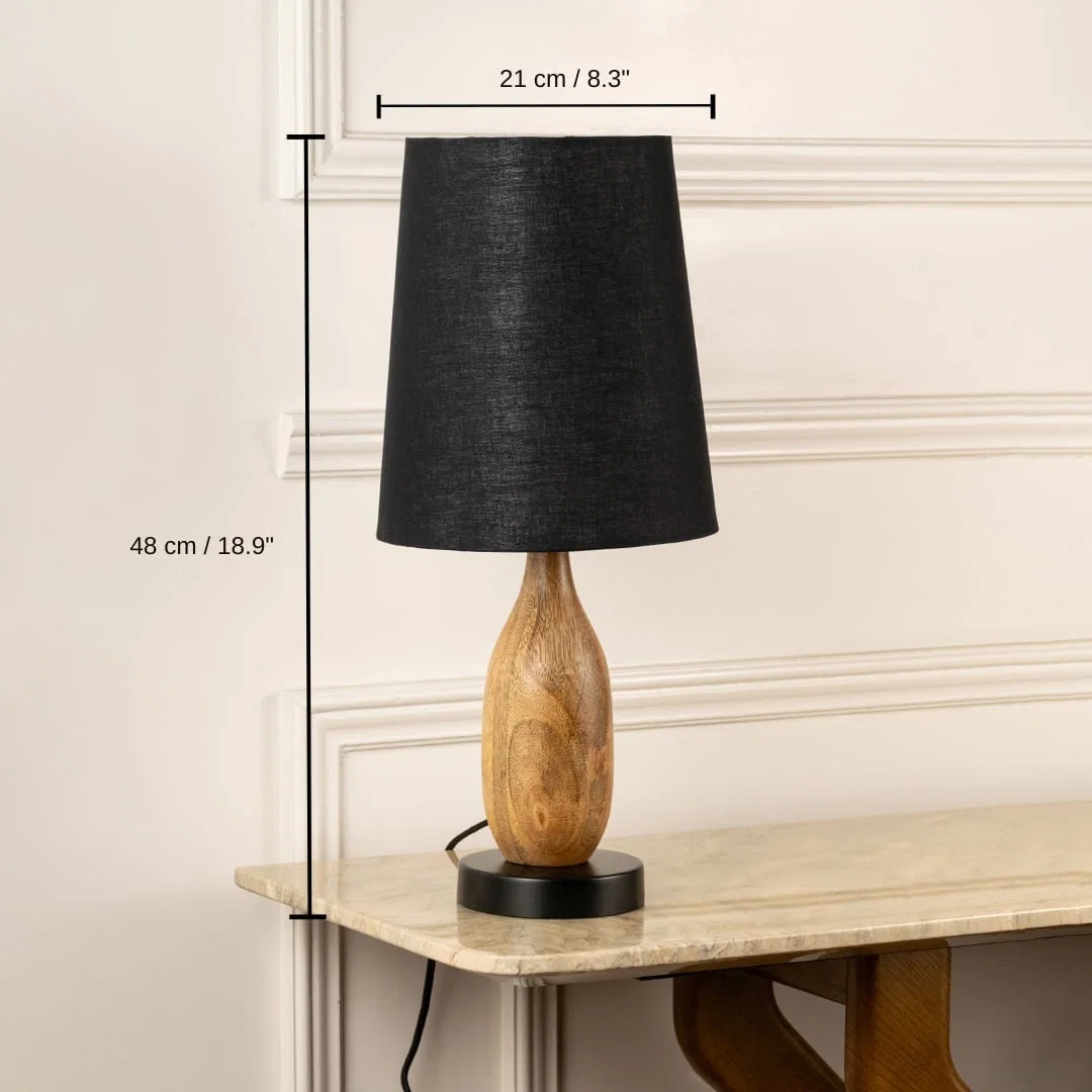 Natural wood table lamp with black fabric shade, 48 x 21 x 21 cm (18.9 x 8.3 x 8.3 inches) dimensions
