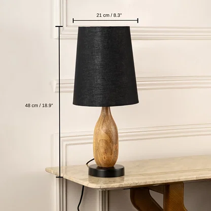 Natural wood table lamp with black fabric shade, 48 x 21 x 21 cm (18.9 x 8.3 x 8.3 inches) dimensions