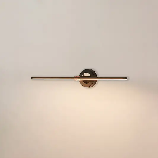 Minimal wall light in black metal finish with linear bar design for bathroom or vanity decor lighting white background.