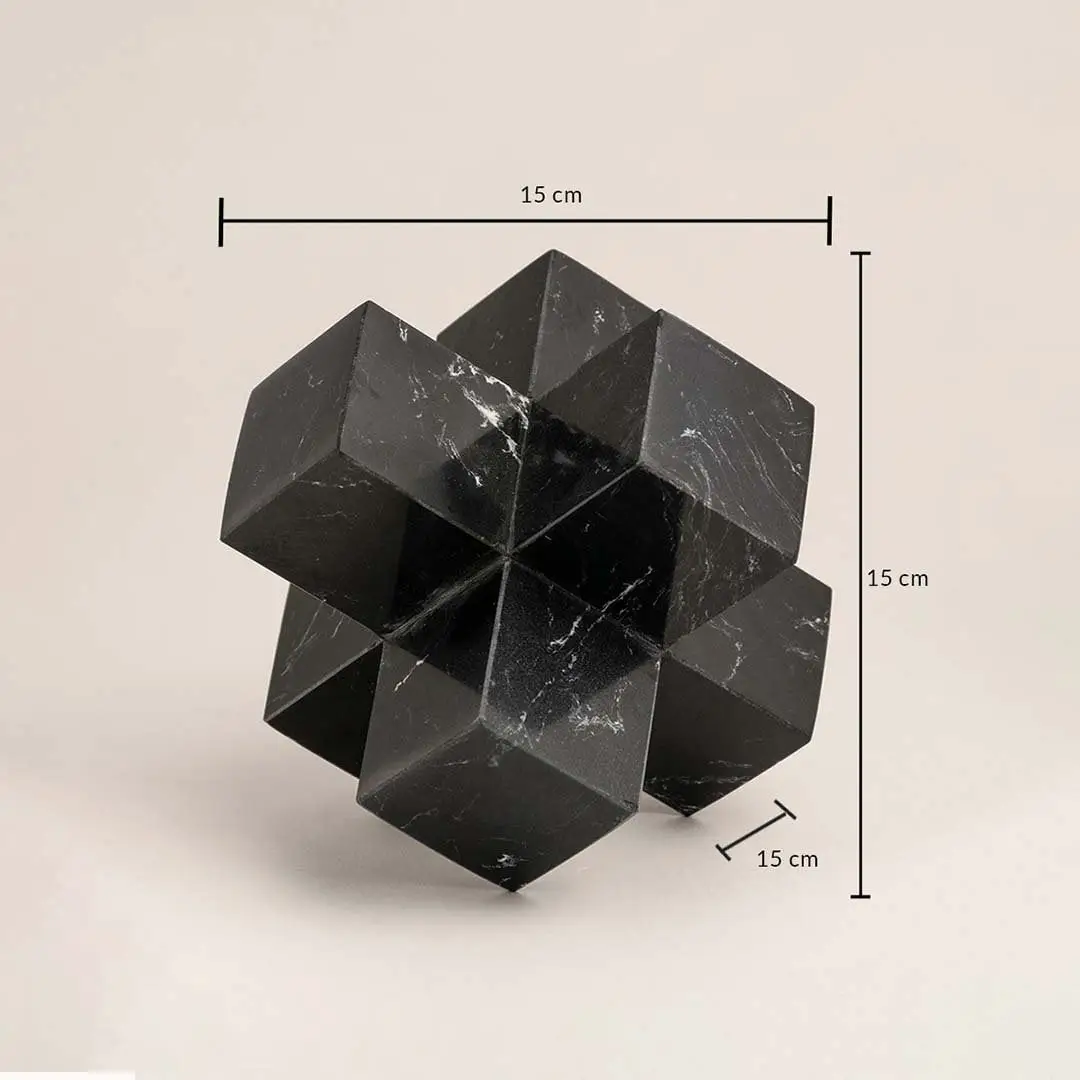 Black marble geometric sculpture showing 15 cm height width and depth dimensions for precise display.