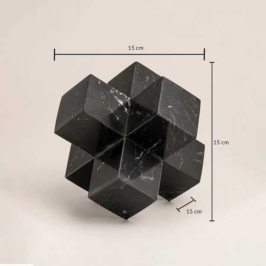 Black marble geometric sculpture showing 15 cm height width and depth dimensions for precise display.