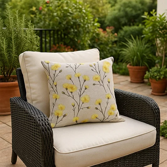 White cotton cushion cover with yellow botanical embroidery placed on an outdoor chair bringing a fresh natural style to patio décor with a soft breathable skin friendly fabric.