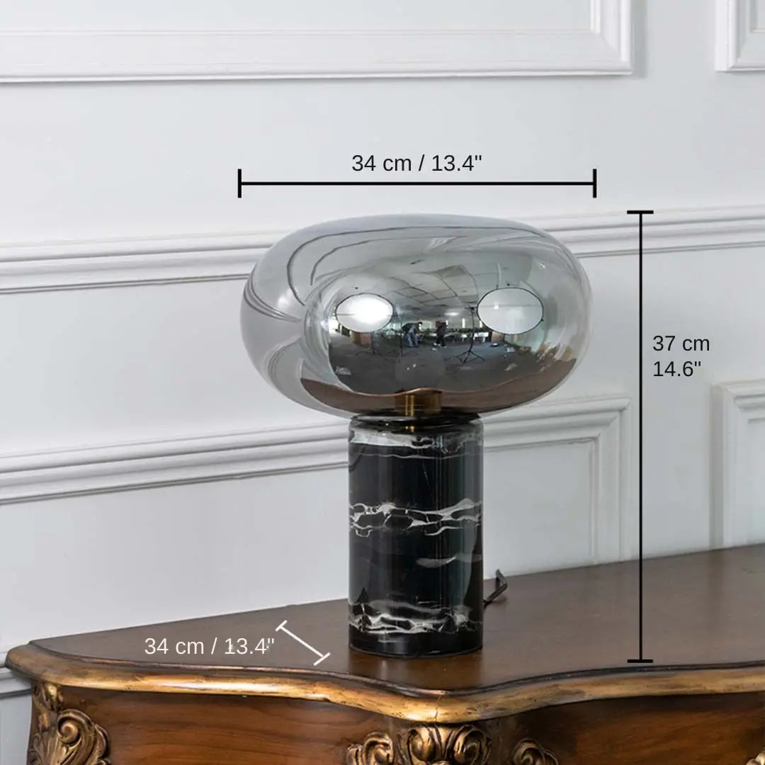 Smoked glass and black marble table lamp, 37 x 34 x 34 cm (14.6 x 13.4 x 13.4 inches) dimensions