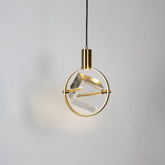 Crystal pendant light with gold metal frame and geometric design creating a luxurious modern ceiling lighting statement.