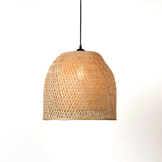 Handwoven bamboo pendant light with natural beige finish displayed for modern bohemian ceiling decor.