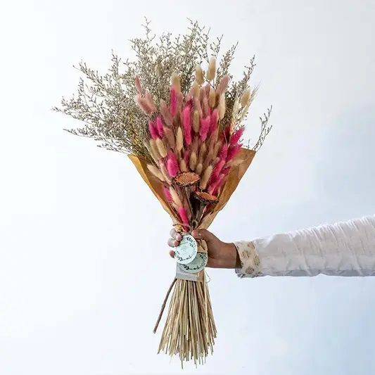 Dried pastel botanical mix bouquet on white background featuring soft colors preserved texture and calming decor for modern interiors.