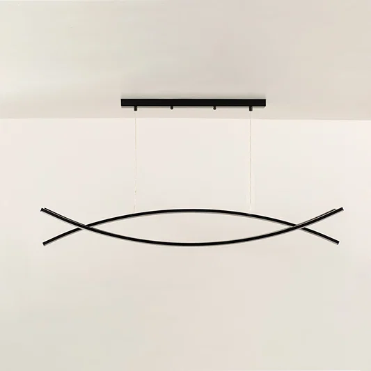 Black metal geometric LED pendant light with intersecting curves designed for sleek modern ceiling lighting interiors.