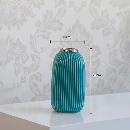 Teal ceramic ribbed vase showing 20 cm height and 11 cm opening dimensions ideal for console table or shelf decor dimension view.
