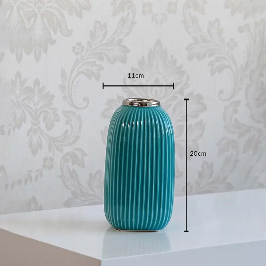 Teal ceramic ribbed vase showing 20 cm height and 11 cm opening dimensions ideal for console table or shelf decor dimension view.