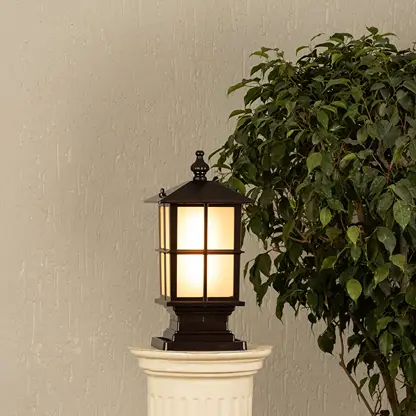 Black outdoor gate light styled beside green plants for elegant modern exterior decor ambiance.