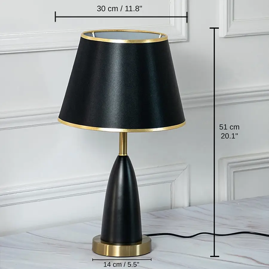 Black and gold table lamp with shade, 51 x 30 x 30 cm (20.1 x 11.8 x 11.8 inches) dimensions