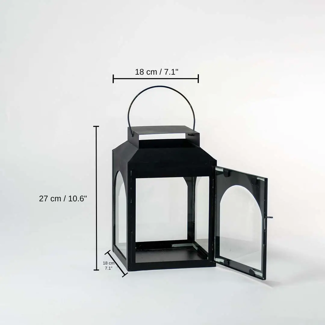 Black lantern with measurements, 27 x 18 x 18 cm (10.6 x 7.1 x 7.1 inches) dimensions