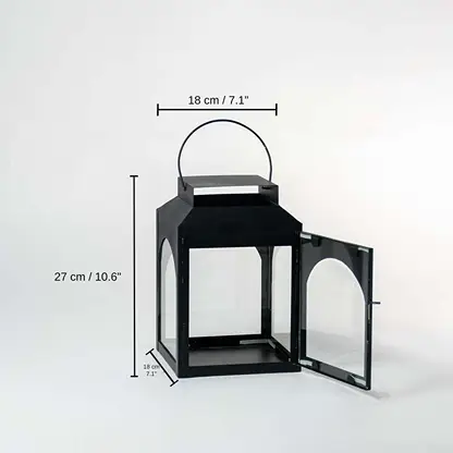 Black lantern with measurements, 27 x 18 x 18 cm (10.6 x 7.1 x 7.1 inches) dimensions