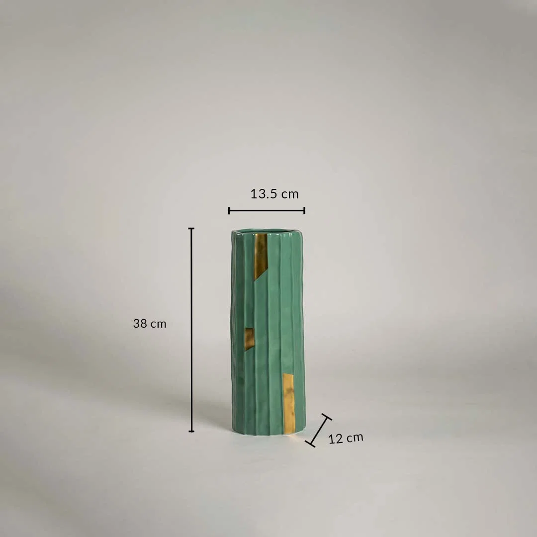 Green ceramic vase with ribbed design and 38 cm height and 13.5 cm width shown clearly for accurate home decor size reference.