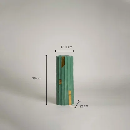 Green ceramic vase with ribbed design and 38 cm height and 13.5 cm width shown clearly for accurate home decor size reference.