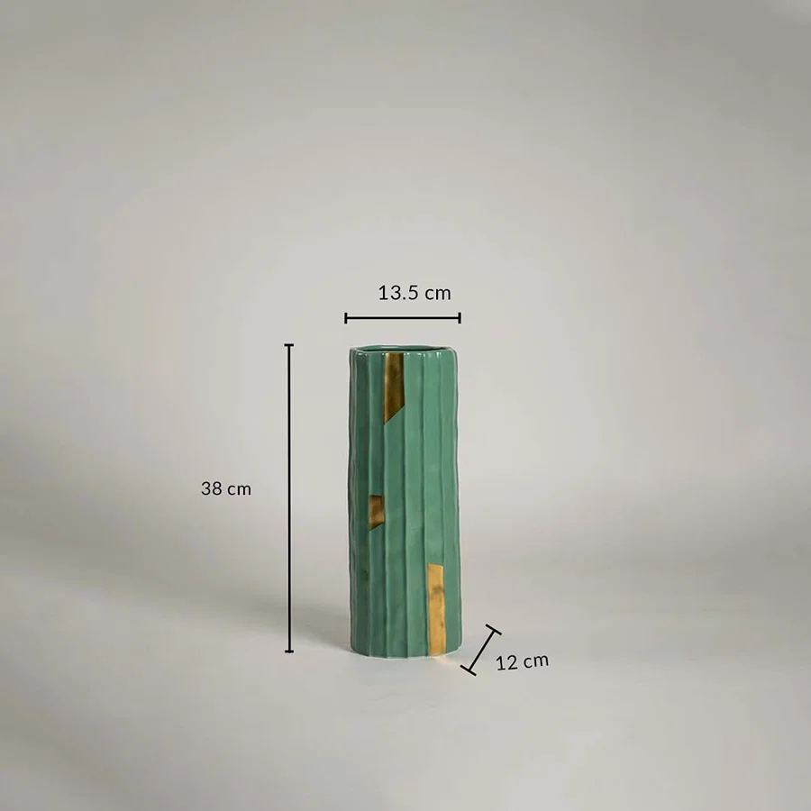 Green ceramic vase with ribbed design and 38 cm height and 13.5 cm width shown clearly for accurate home decor size reference.