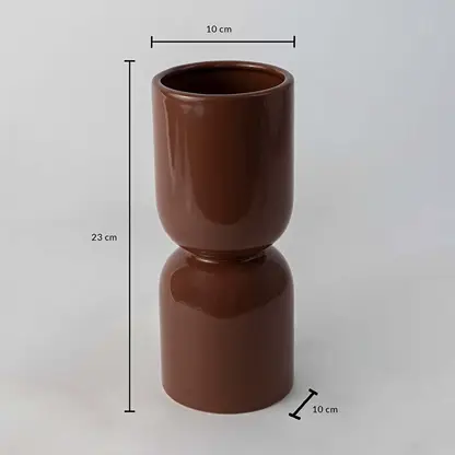 Brown ceramic vase with 23 cm height and 10 cm width displayed on white background for decor size reference.