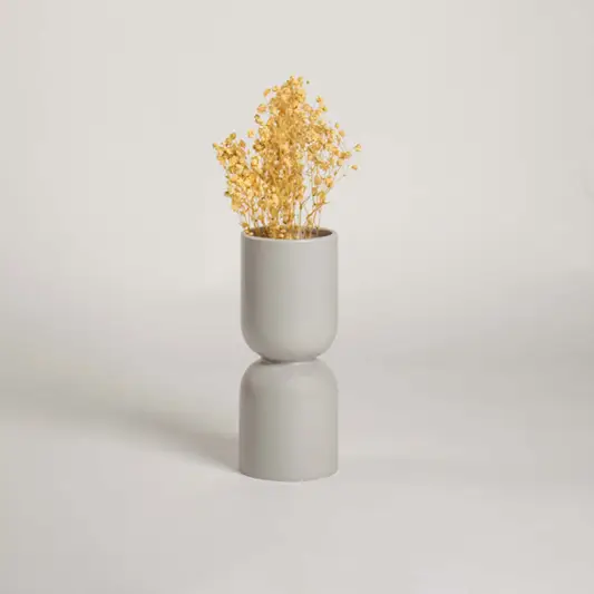 Modern light grey double form ceramic vase shown on a plain white background perfect for simple elegant home decor accents.