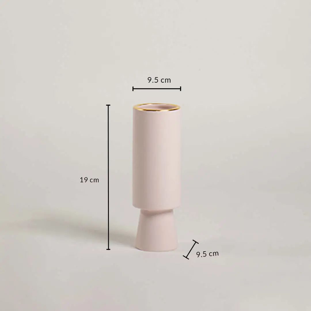 Blush ceramic vase shown with 19 cm height and 9.5 cm width clearly displaying its tall cylindrical shape and smooth matte finish.
