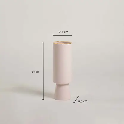 Blush ceramic vase shown with 19 cm height and 9.5 cm width clearly displaying its tall cylindrical shape and smooth matte finish.