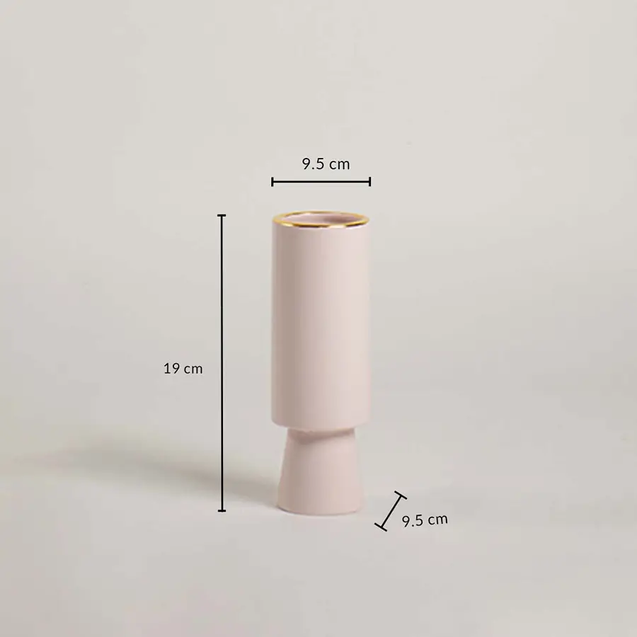Blush ceramic vase shown with 19 cm height and 9.5 cm width clearly displaying its tall cylindrical shape and smooth matte finish.