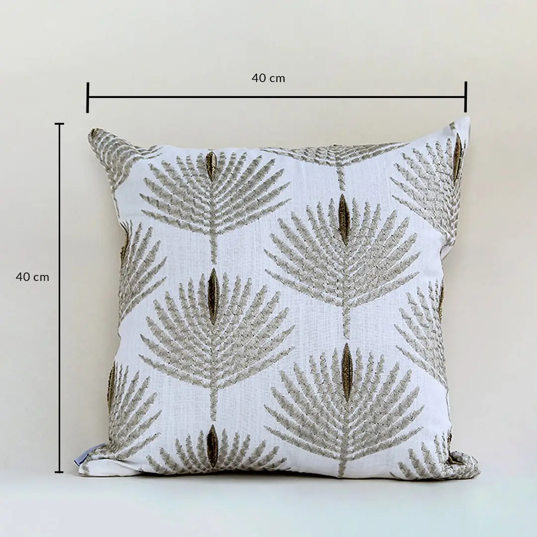 Cream cushion with raised leaf embroidery on a white background showing accurate dimensions of 40 cm height and 40 cm width for precise size reference.
