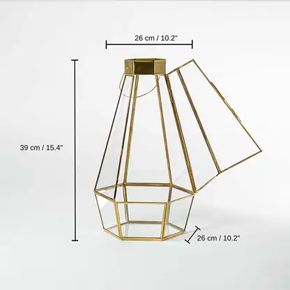 Gold metal and glass tapered lantern, 39 x 26 x 26 cm (15.4 x 10.2 x 10.2 inches) dimensions