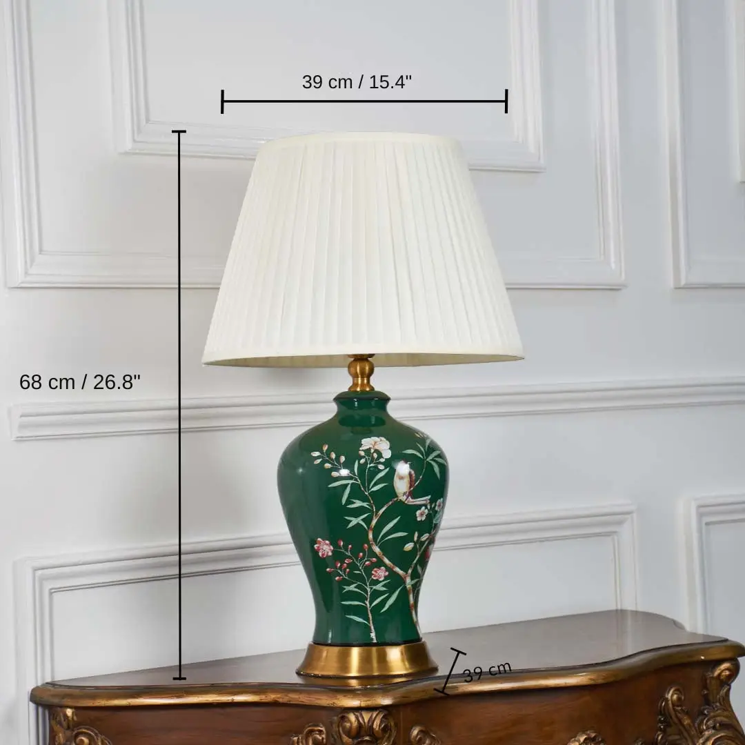 Green ceramic table lamp with white shade, 68 x 39 x 39 cm (26.8 x 15.4 x 15.4 inches) dimensions