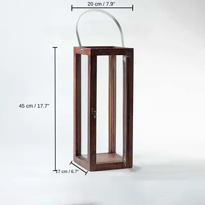 Wood and glass lantern with metal handle, 45 x 20 x 17 cm (17.7 x 7.9 x 6.7 inches) dimensions
