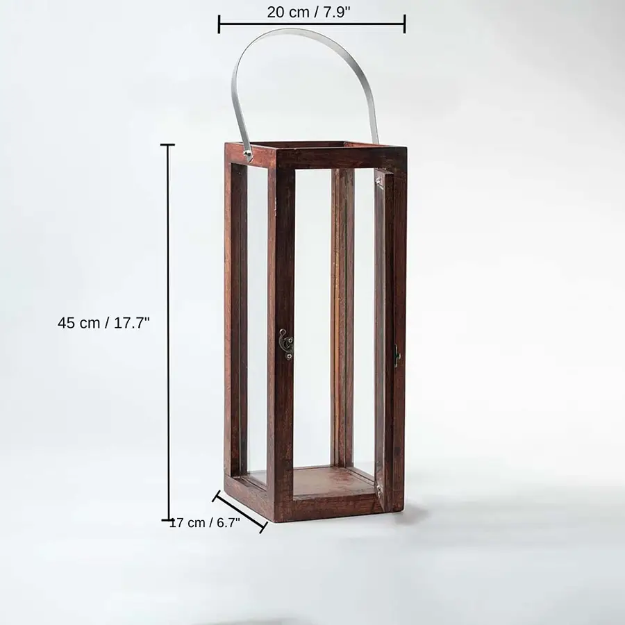 Wood and glass lantern with metal handle, 45 x 20 x 17 cm (17.7 x 7.9 x 6.7 inches) dimensions
