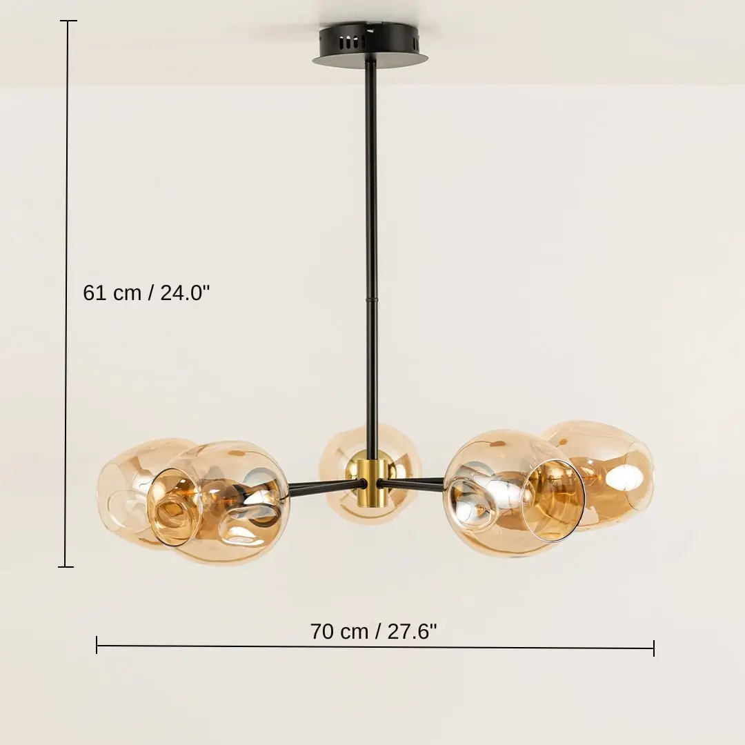 Designer gold glass chandelier, 61 x 70 x 70 cm (24.0 x 27.6 x 27.6 inches) dimensions