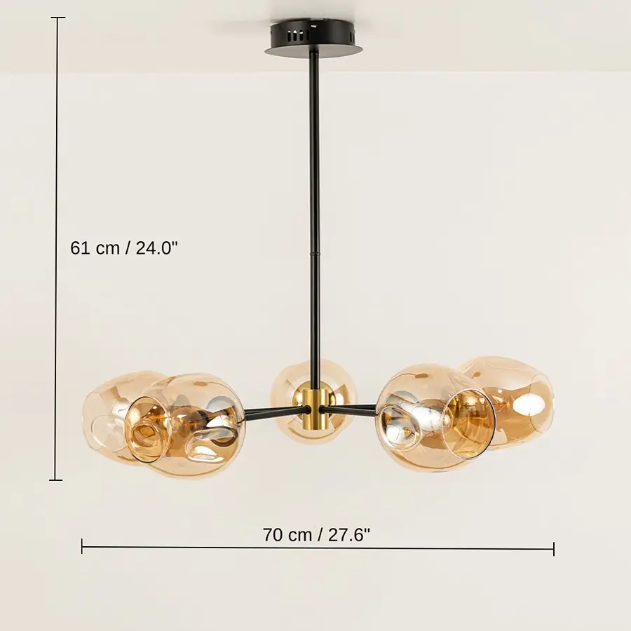 Designer gold glass chandelier, 61 x 70 x 70 cm (24.0 x 27.6 x 27.6 inches) dimensions