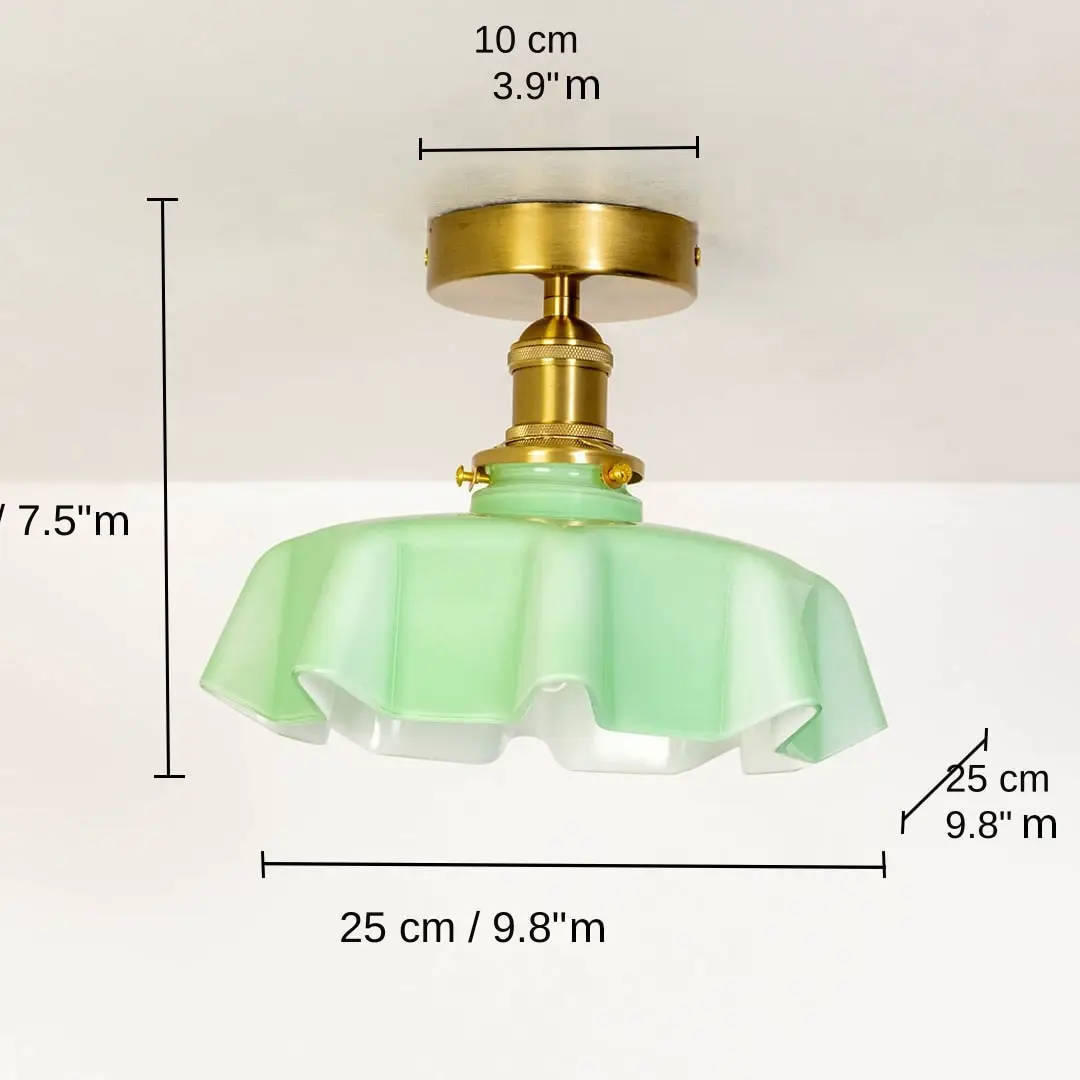 Ceiling light with mint green ruffled shade, base 19 x 25 x 25 cm (7.5 x 9.8 x 9.8 inches), canopy 10 x 10 cm (3.9 x 3.9 inches) dimensions