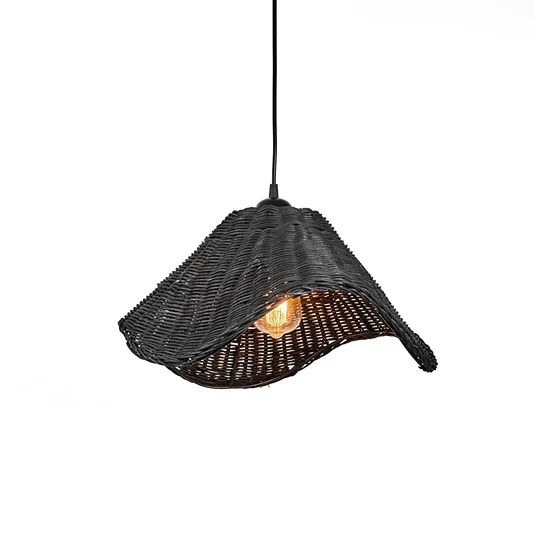 Black metal pendant light with wavy organic shade design and warm glowing bulb suspended on clean neutral wall background for contemporary styling.