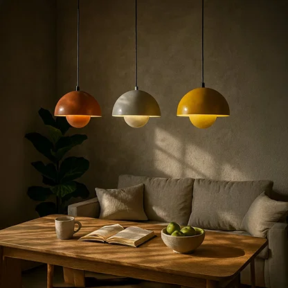 White and mustard yellow metal pendant lights with layered design adding modern charm to interiors.
