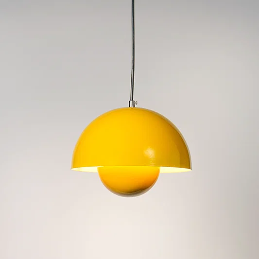 Mustard yellow metal pendant light with layered dome shade crafted for stylish living spaces.