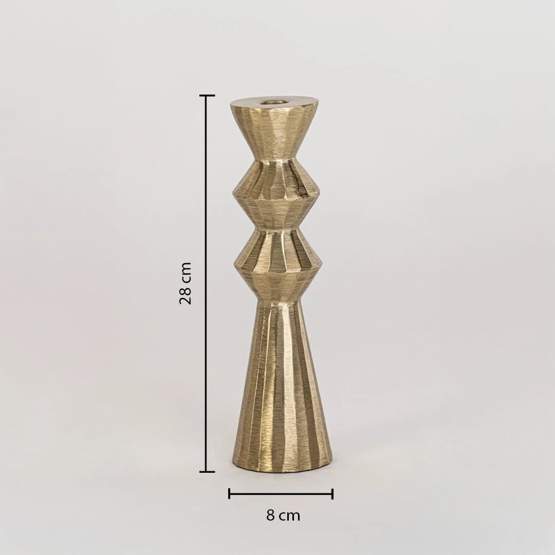 Gold metal candle holder measuring 28 cm height and 8 cm width shown on white background for elegant home decor.