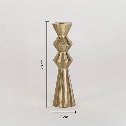 Gold metal candle holder measuring 28 cm height and 8 cm width shown on white background for elegant home decor.