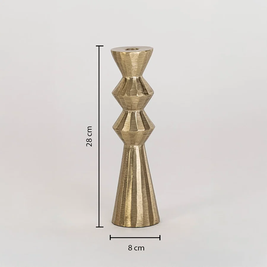 Gold metal candle holder measuring 28 cm height and 8 cm width shown on white background for elegant home decor.