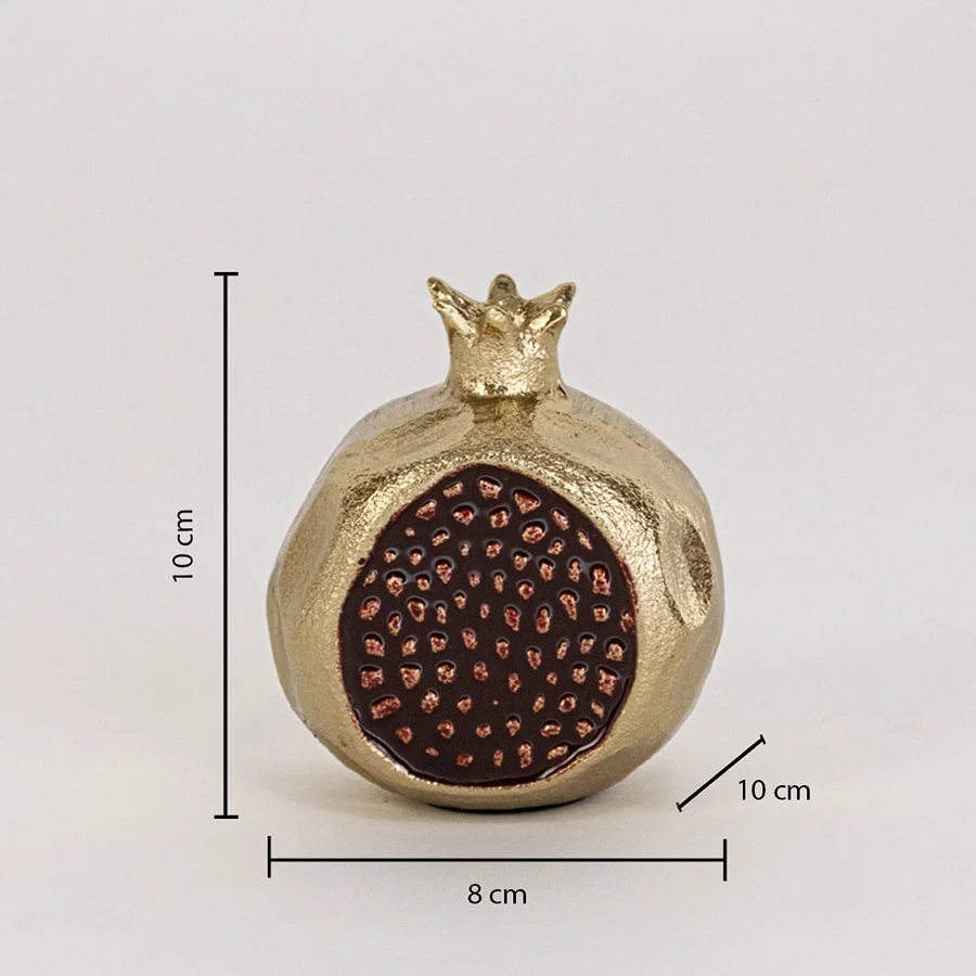 Golden pomegranate decor on a white background with dimensions showing 10 cm height 8 cm width and 10 cm depth