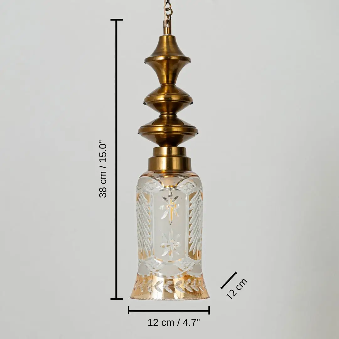 Clear etched glass and brass pendant light, base 38 x 12 x 12 cm (15.0 x 4.7 x 4.7 inches), canopy 10 x 10 cm (3.9 x 3.9 inches) dimensions