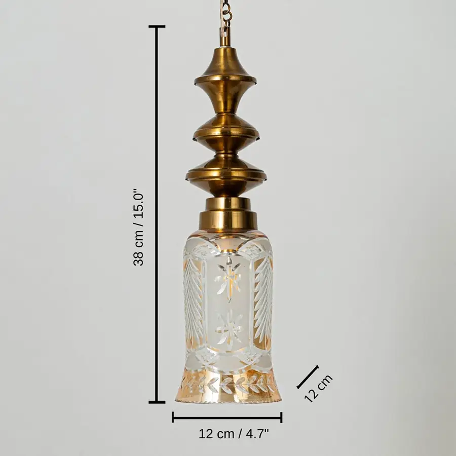 Clear etched glass and brass pendant light, base 38 x 12 x 12 cm (15.0 x 4.7 x 4.7 inches), canopy 10 x 10 cm (3.9 x 3.9 inches) dimensions