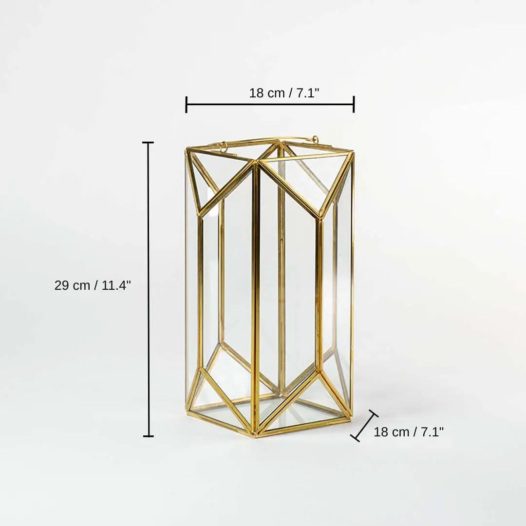 Gold metal and glass geometric candle lantern, 29 x 18 x 18 cm (11.4 x 7.1 x 7.1 inches) dimensions