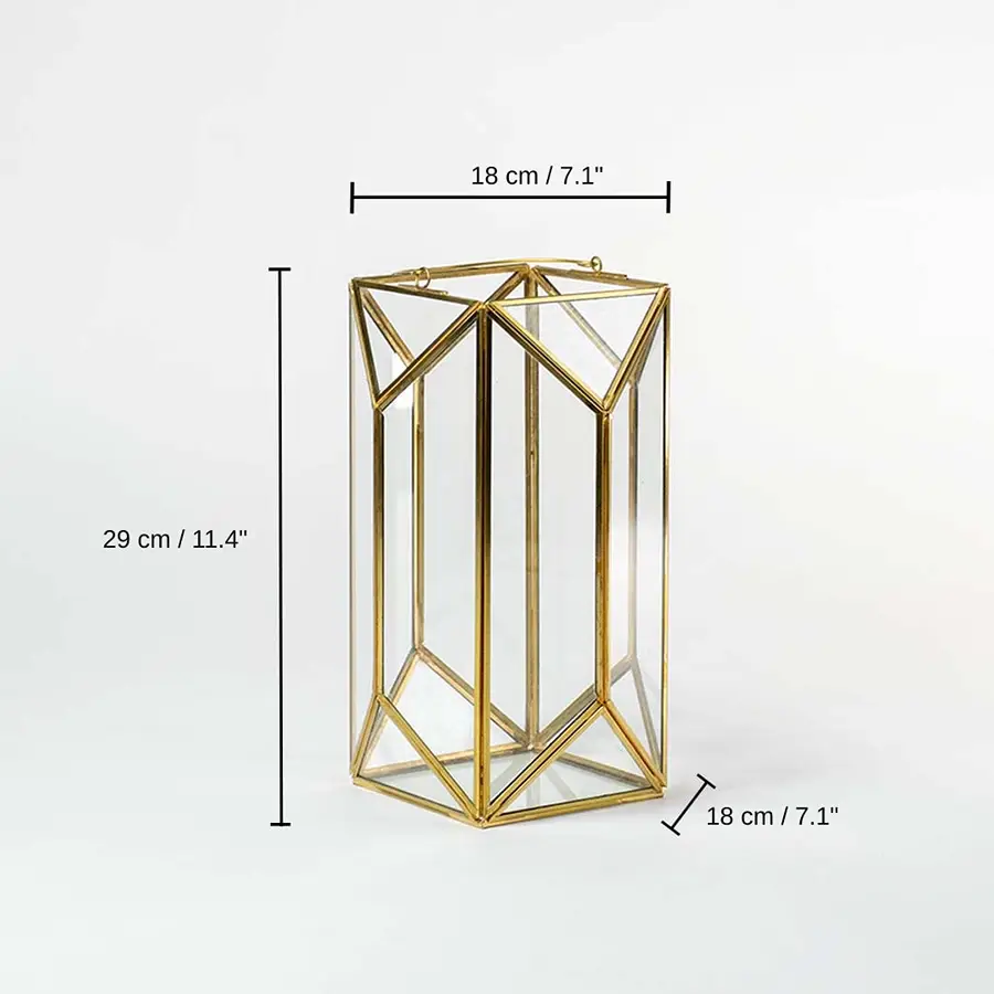 Gold metal and glass geometric candle lantern, 29 x 18 x 18 cm (11.4 x 7.1 x 7.1 inches) dimensions