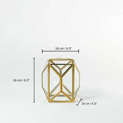 Gold geometric glass lantern, 16 x 16 x 16 cm (6.3 x 6.3 x 6.3 inches) dimensions
