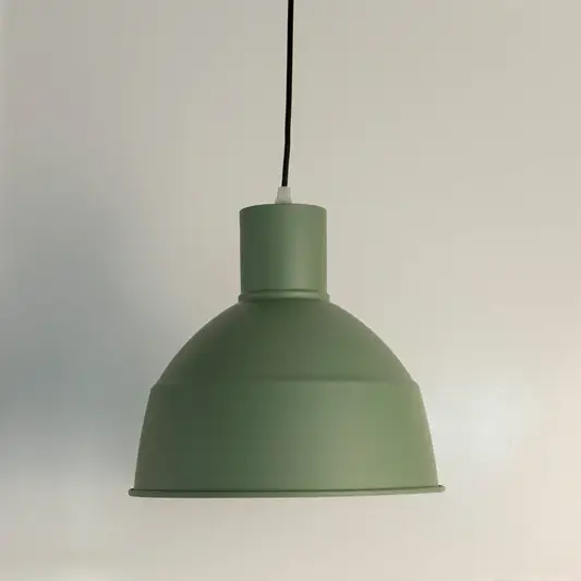 Matte green metal pendant light with dome shade designed for stylish dining and kitchen interiors.