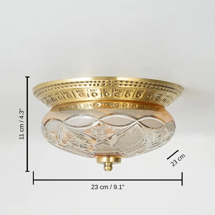 Brass and cut glass ceiling light, base 11 x 23 x 23 cm (4.3 x 9.1 x 9.1 inches), canopy 10 x 10 cm (3.9 x 3.9 inches) dimensions
