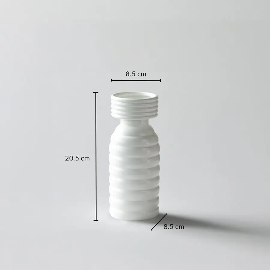 Dimension image of the ribbed white ceramic vase showing height 20.5 cm  width 8.5 cm  and depth 8.5 cm against a clean white background.