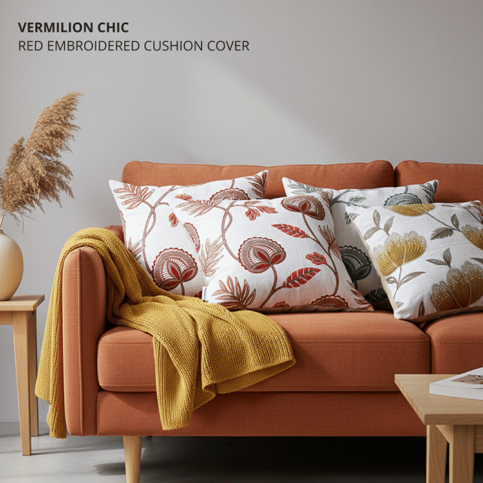 Vermilion Chic Red Embroidered Cushion Cover