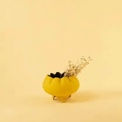 Small yellow textured bowl planter with dried buds for bright modern home decor and stylish tabletop accents.